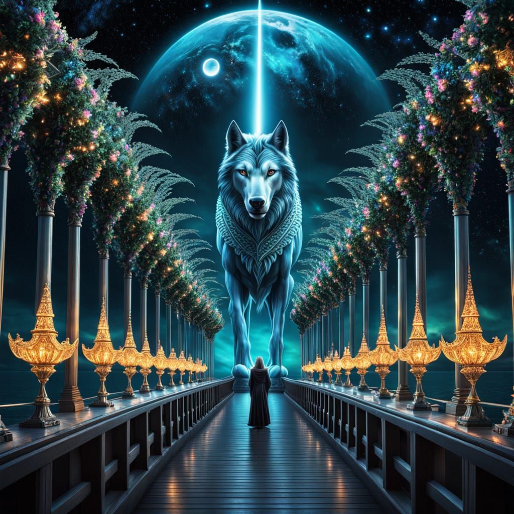 Elegant Fantastical Wolf Lord on a Starscape Yacht