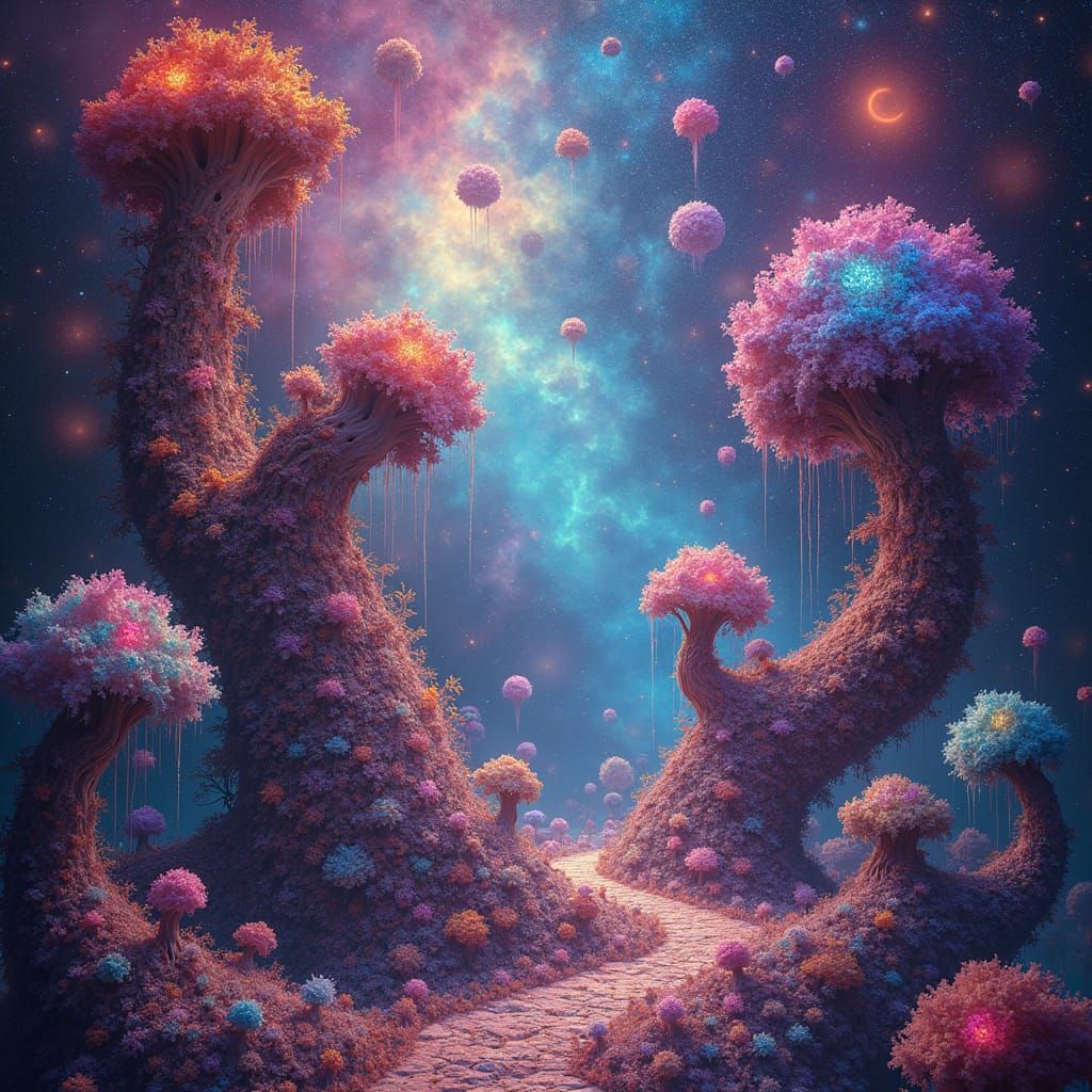 Cosmic Tapestry in Pablo Amaringo Style