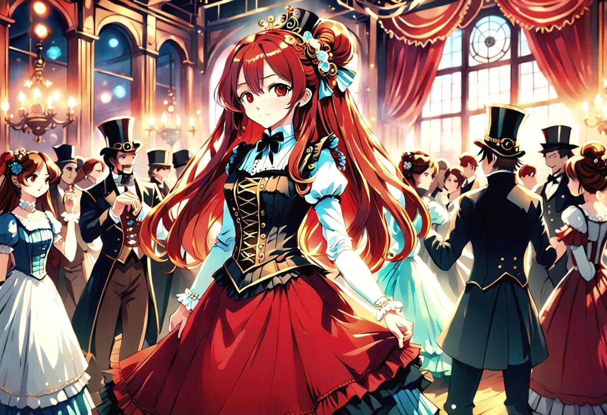 Victorian Lady in Red at Steampunk Dance