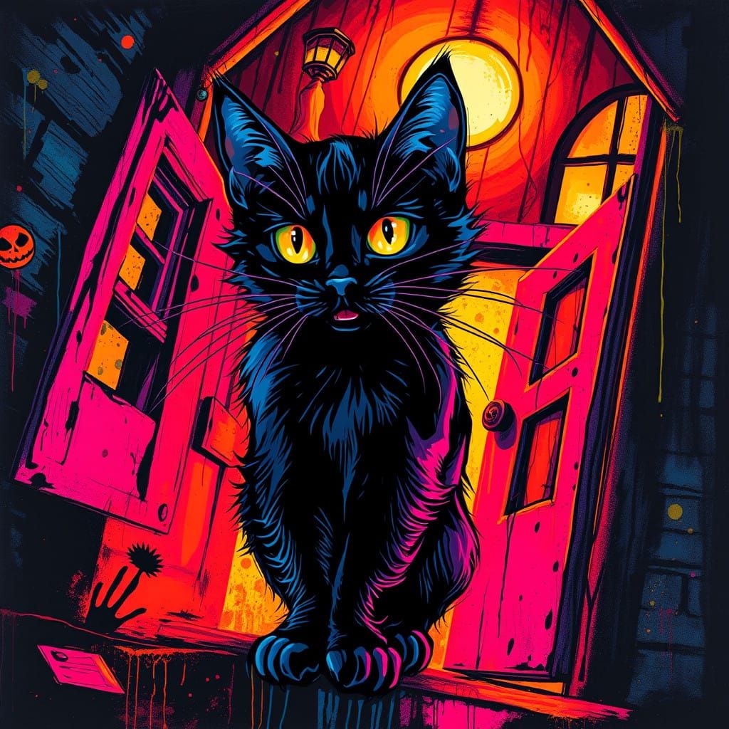 Vibrant Street Art of a Black Cat in a Creepy House