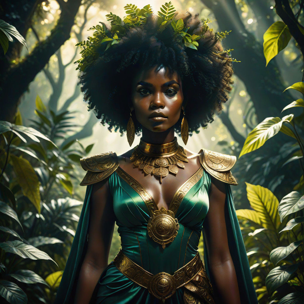 Regal Goddess in Emerald Forest Realism