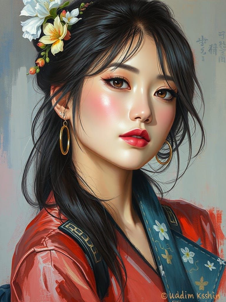 Beautiful Japanese Woman Portrait in Acrylic Style