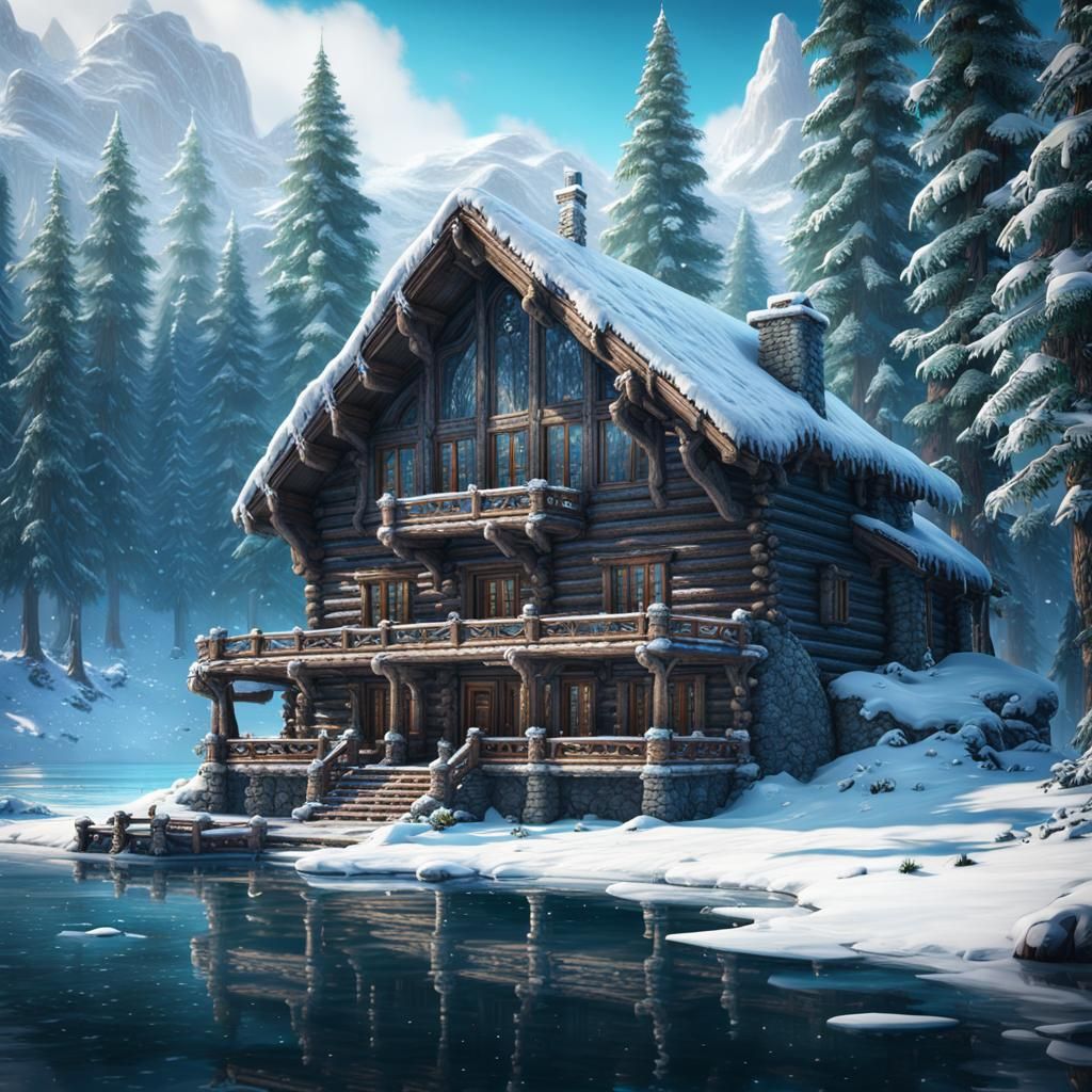 Winter Cabin in Snowy Woods, Fantasy Concept Art