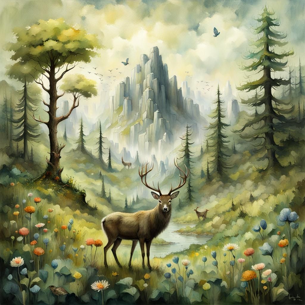 Enchanted Forest Scene in Watercolor Style