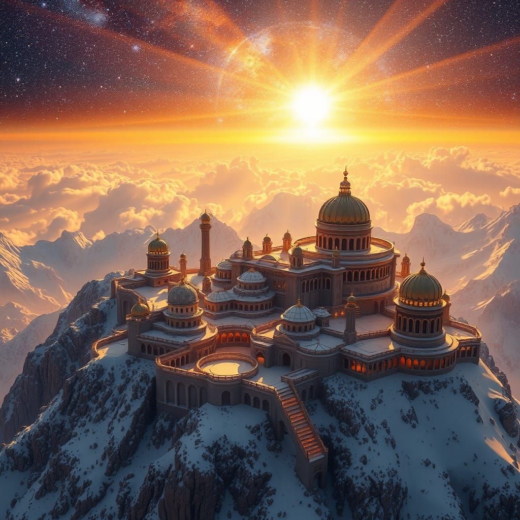 Golden City on Snowy Mountain, Shimmering with Celestial Lig...