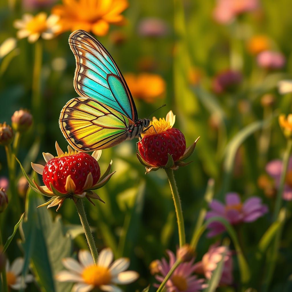 Iridescent Butterfly Savoring Vibrant Strawberry in Whimsica...