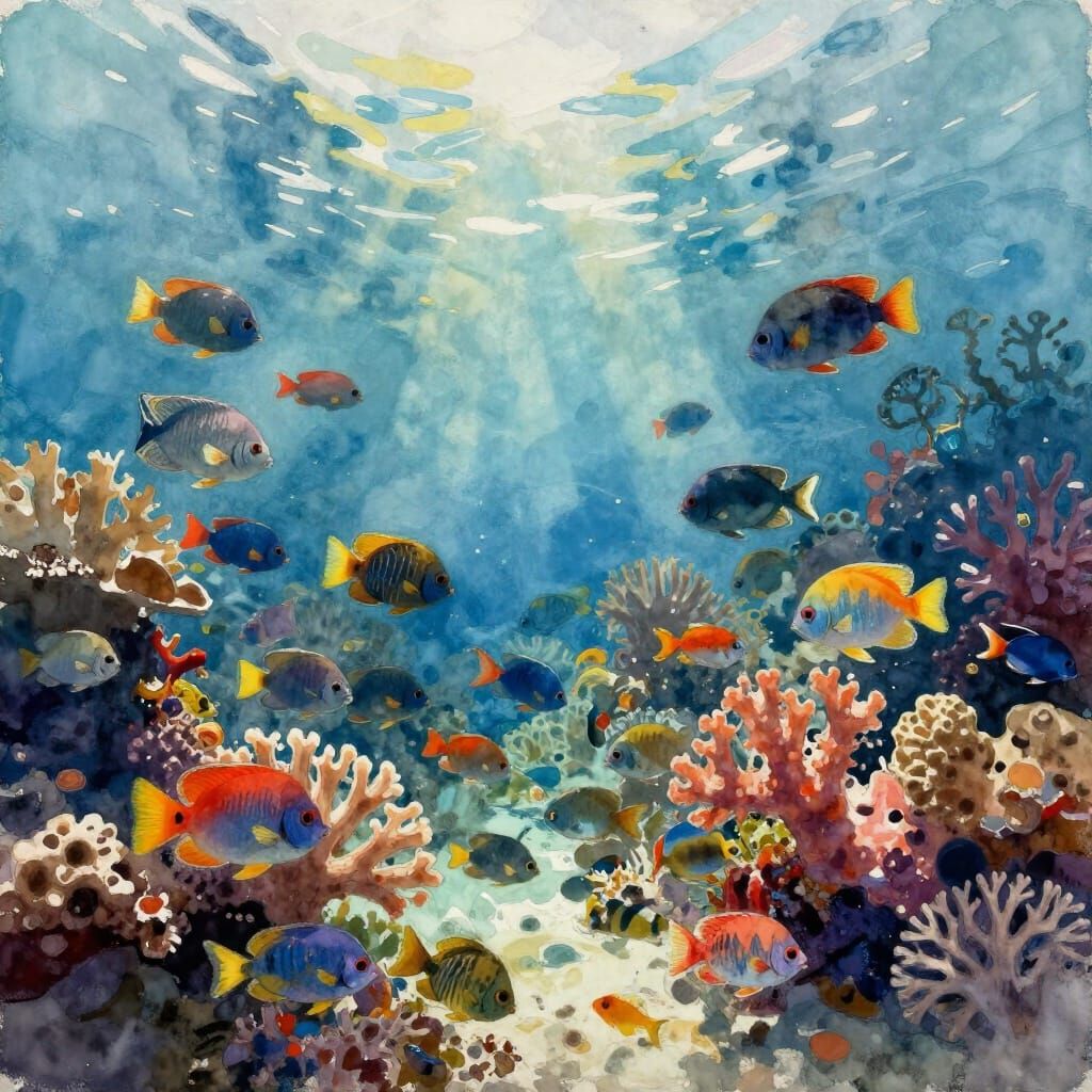 Vibrant Coral Reef Aquarium in Expressive Watercolor Style