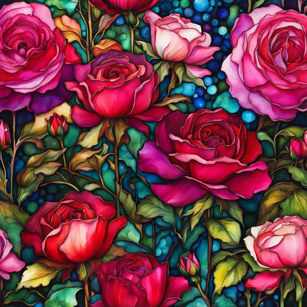 Medieval Rose Garden in Alcohol Ink Style