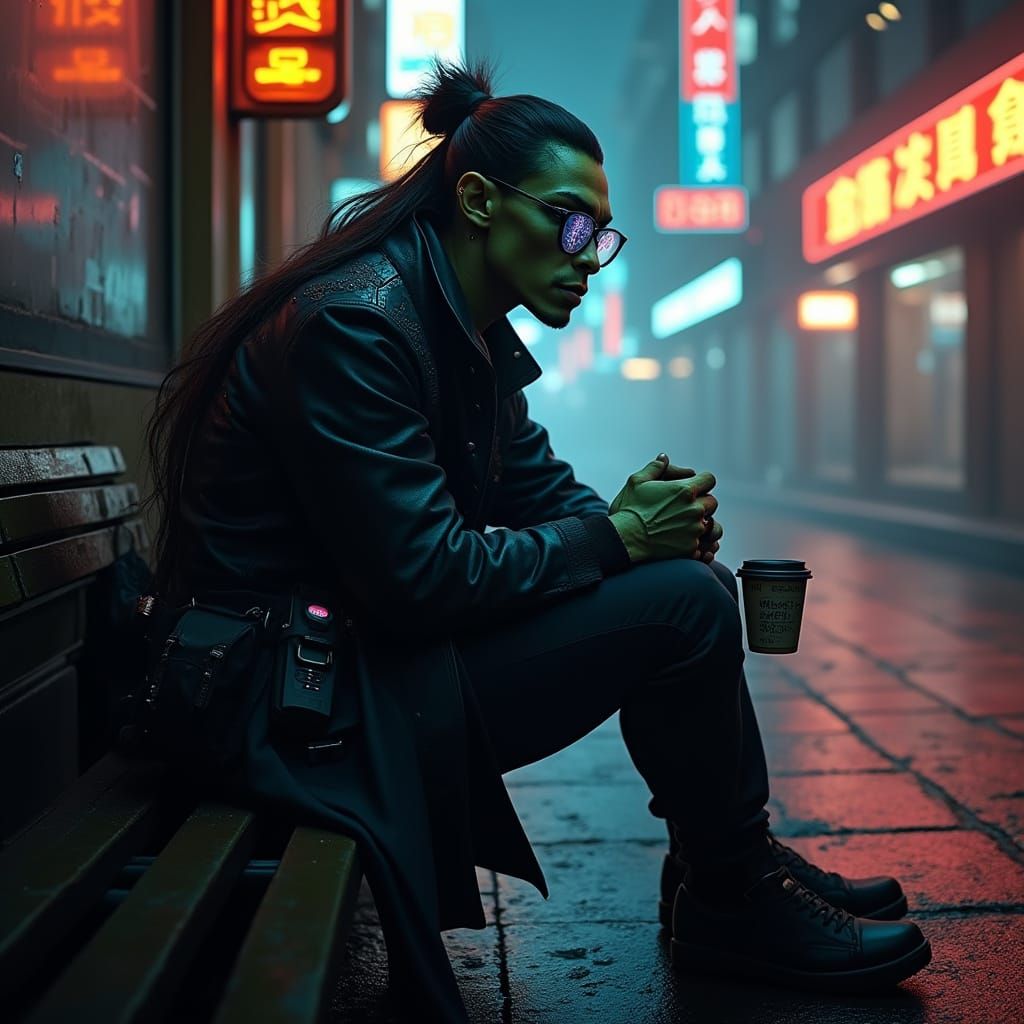 Cyberpunk Scholar in Neon City Alley