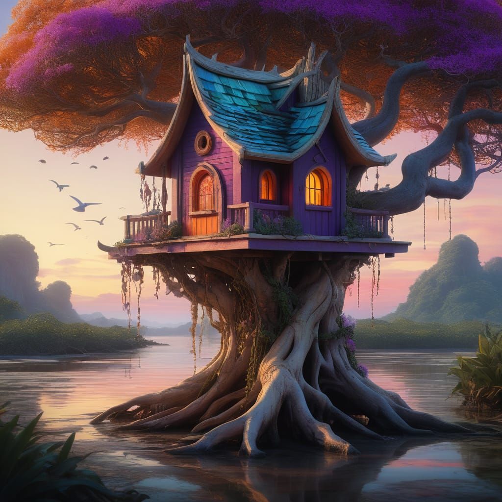 Seashell Birdhouse in Sunlit Mangrove Swamp