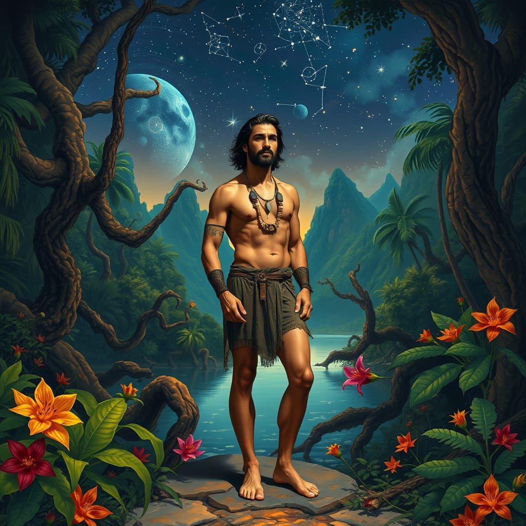 Jungle Lake at Night in Fantasy Art Style