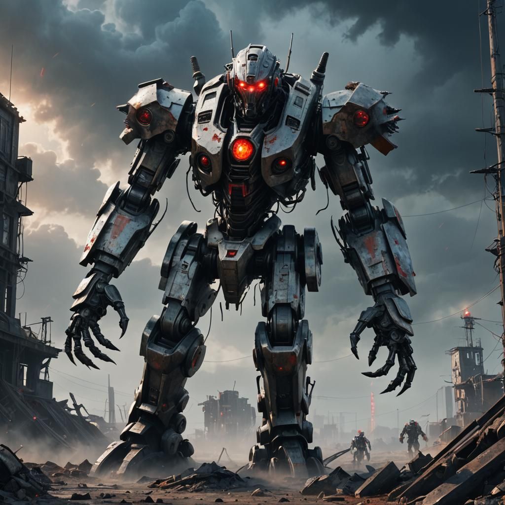 Mutated Battle Robot in Post-Apocalyptic Wasteland