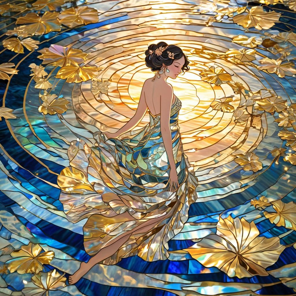 Stained-Glass Sunrise with Woman in Opalescent Dress