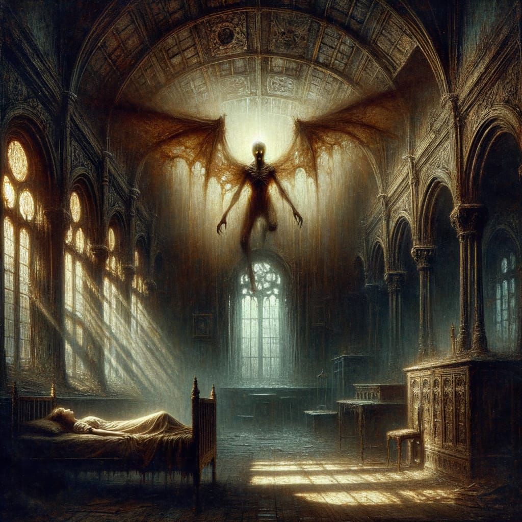 Eerie Demon Apparition in Gothic Home, Oil Painting