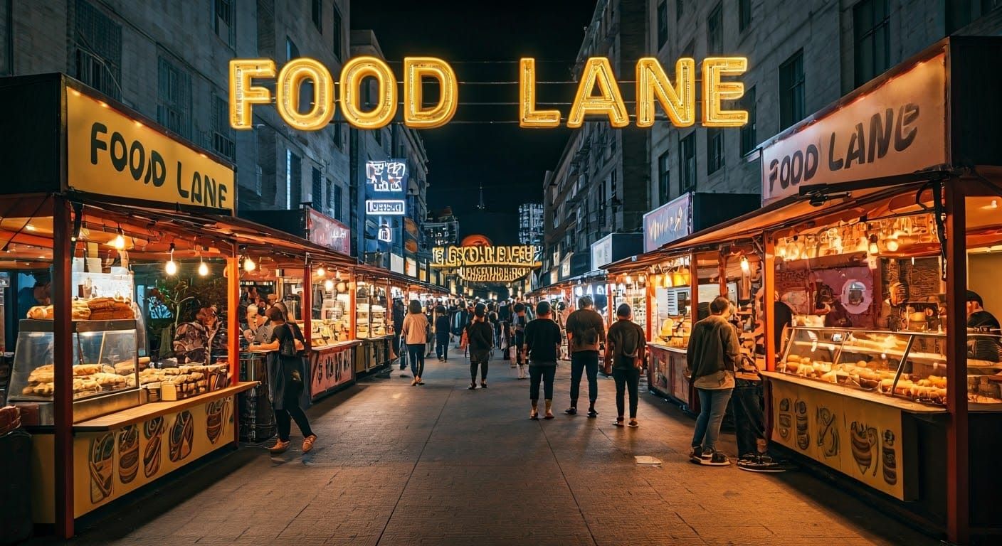 Vibrant Food Lane with Street Food Stalls