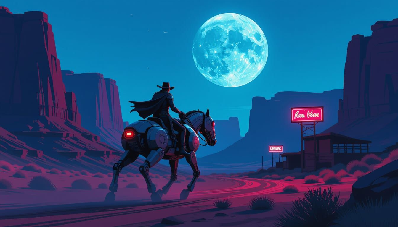 Cyberpunk Gunslinger on Robotic Steed in Neon Canyon