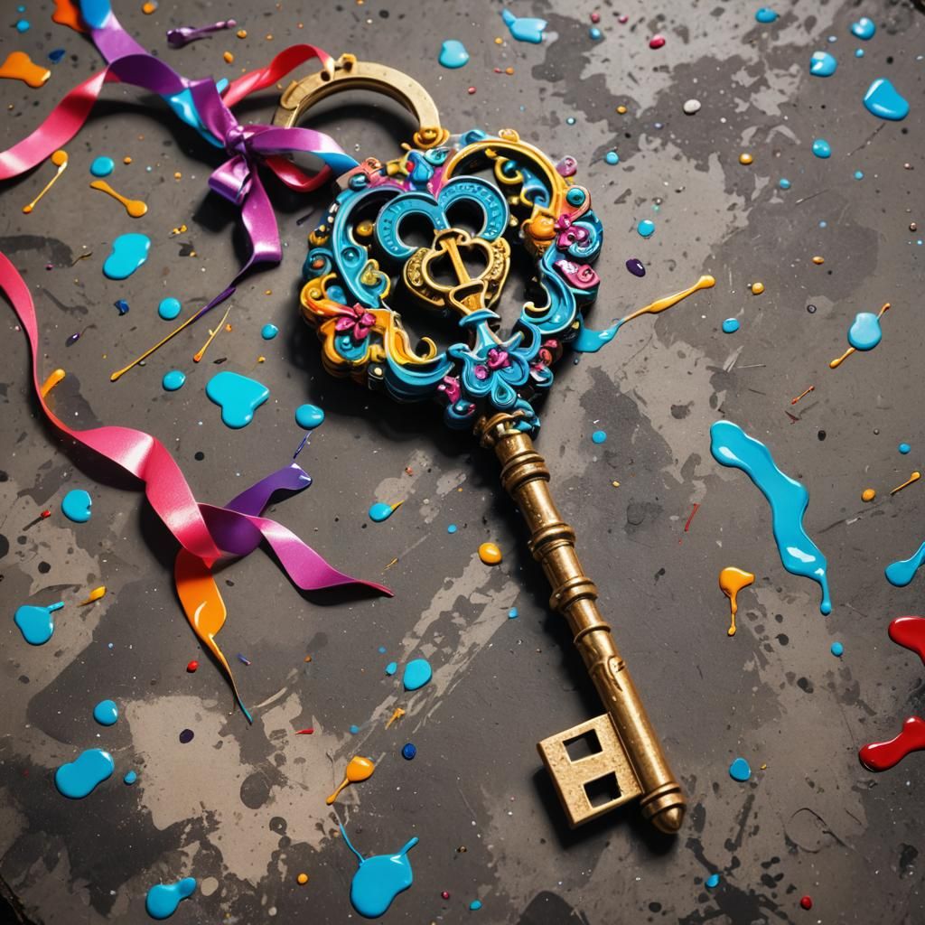 Glittering Key with Ribbon in Graffiti Art Style