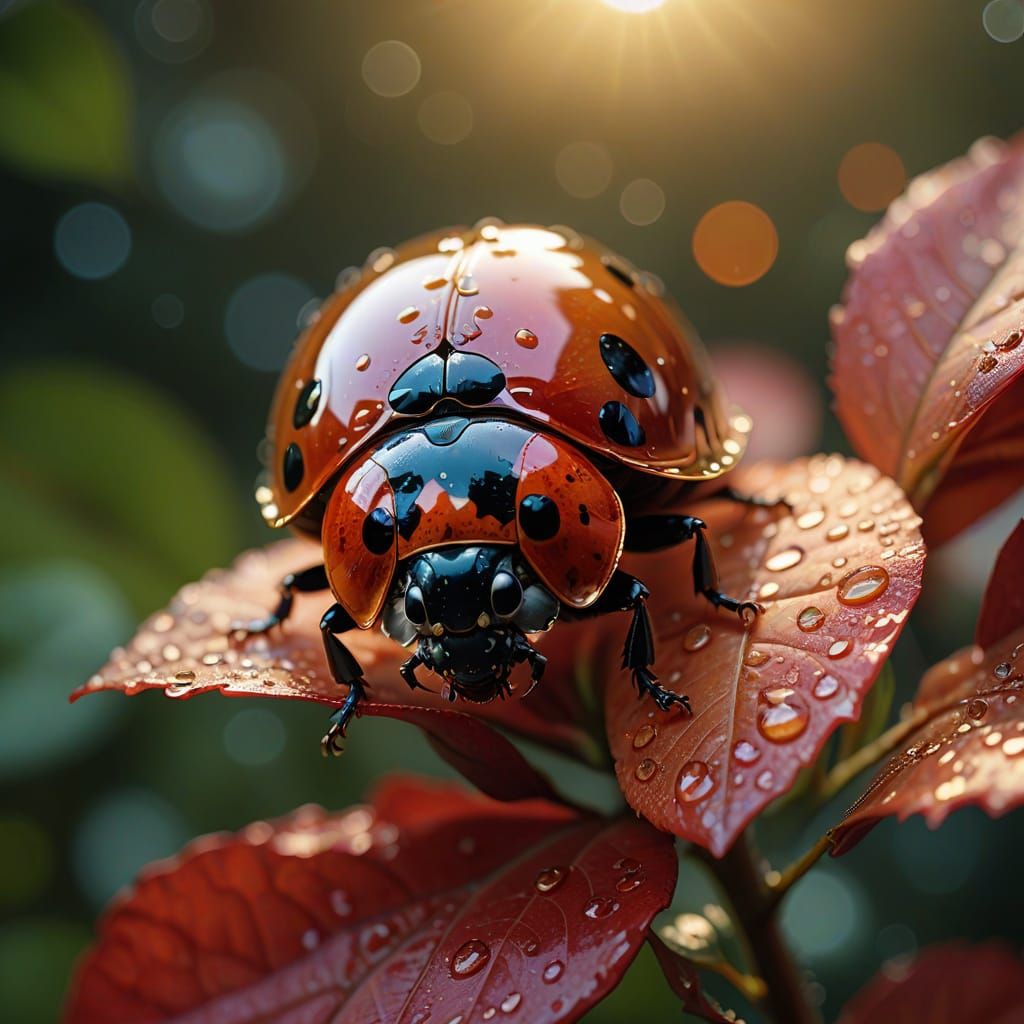 Ladybird in Vibrant Red Rose Petal Paradise