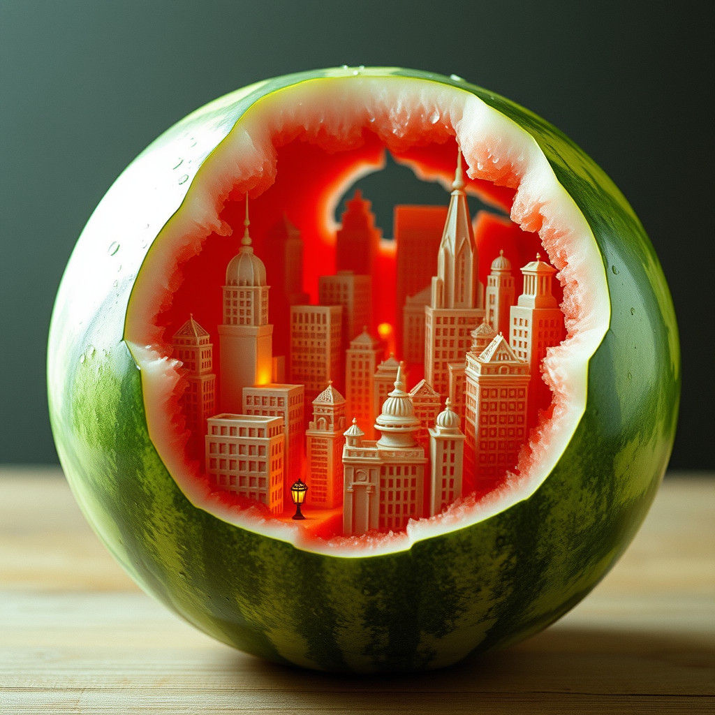Miniature City Carved Inside a Watermelon