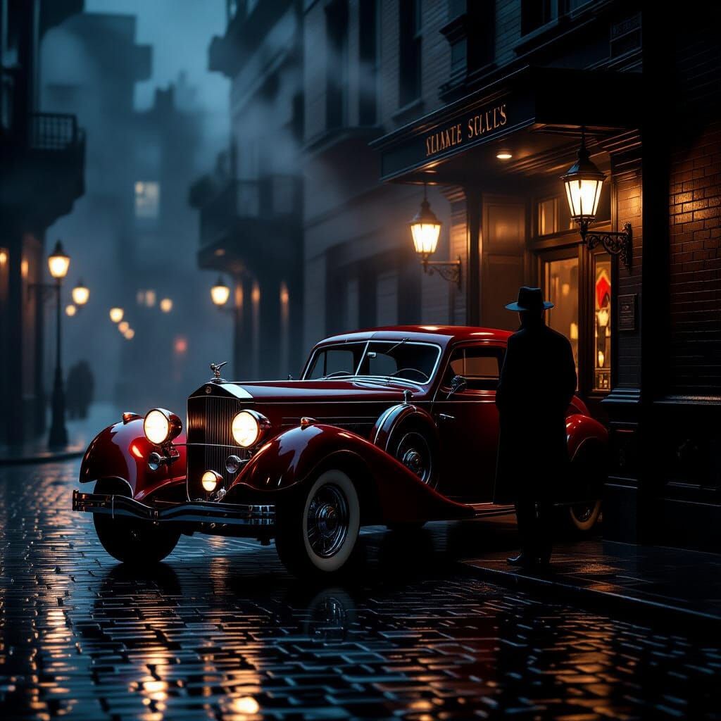 Crimson Art Deco Car in Misty Noir Street