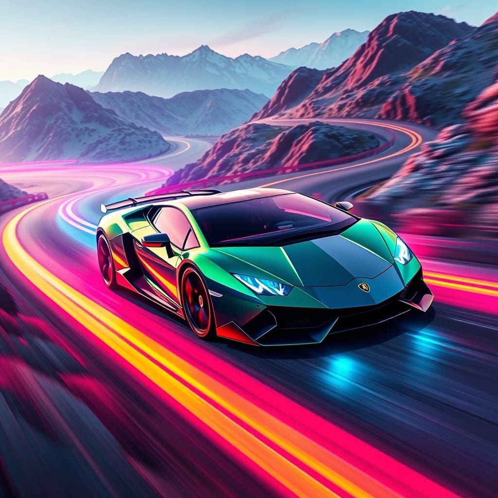 Futuristic Sports Car Speeds Down a Winding Mountain Road in...