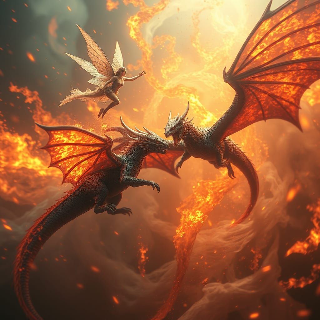 Epic Aerial Battle: Fairies and Dragons in Digital Art