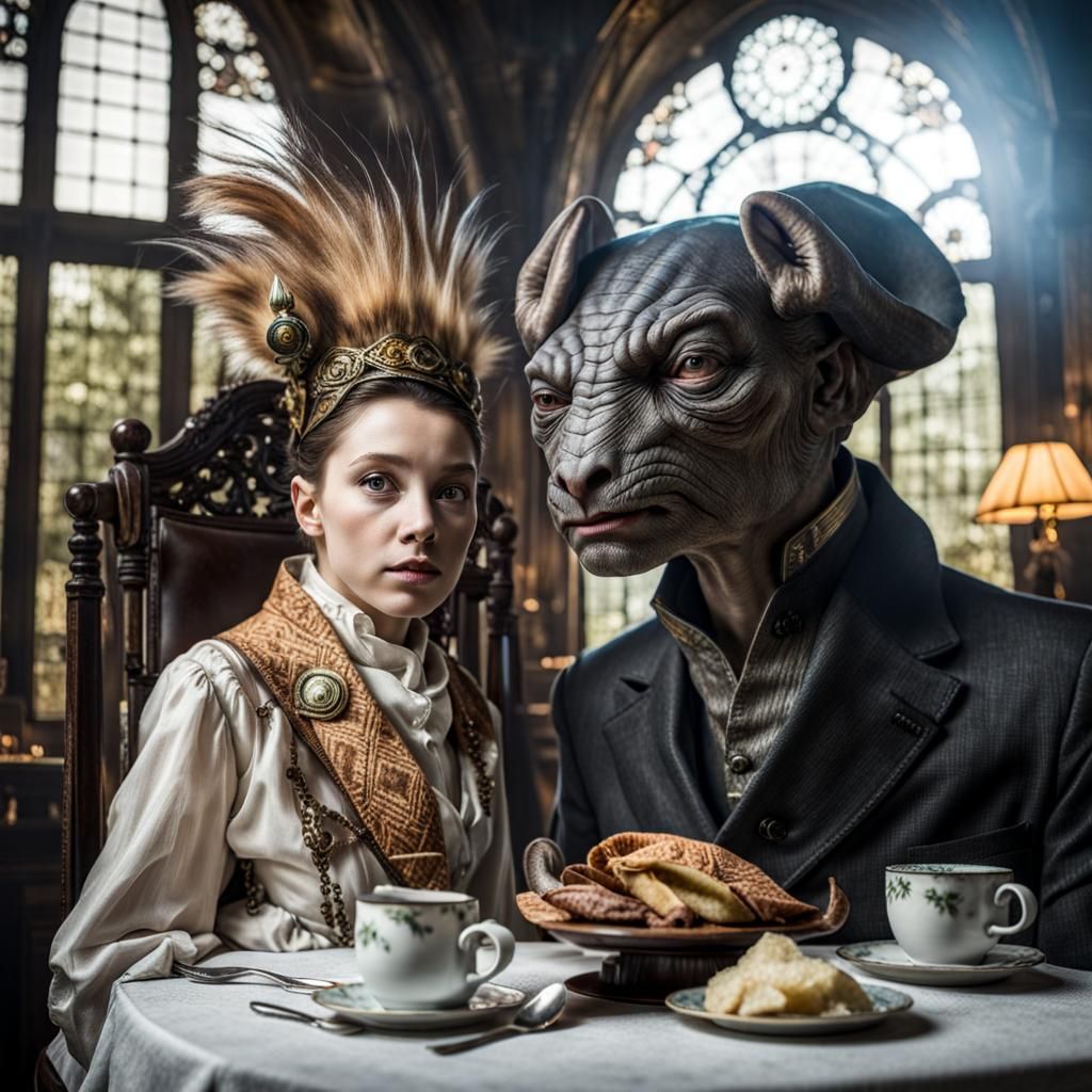 Surreal Alien Restaurant Celebration in Magical Realism