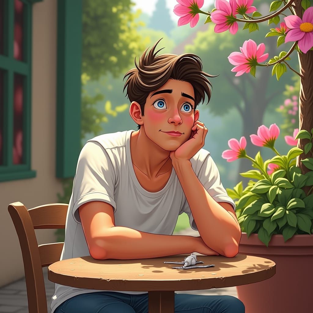 Young Man at Cafe: Cartoon Style Digital Painting