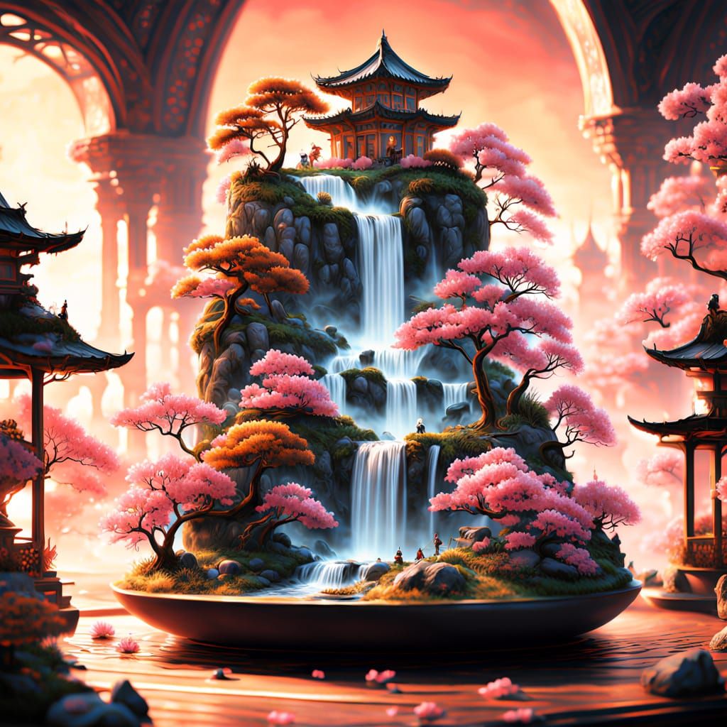 Miniature Waterfall and Sakura Garden in Teacup