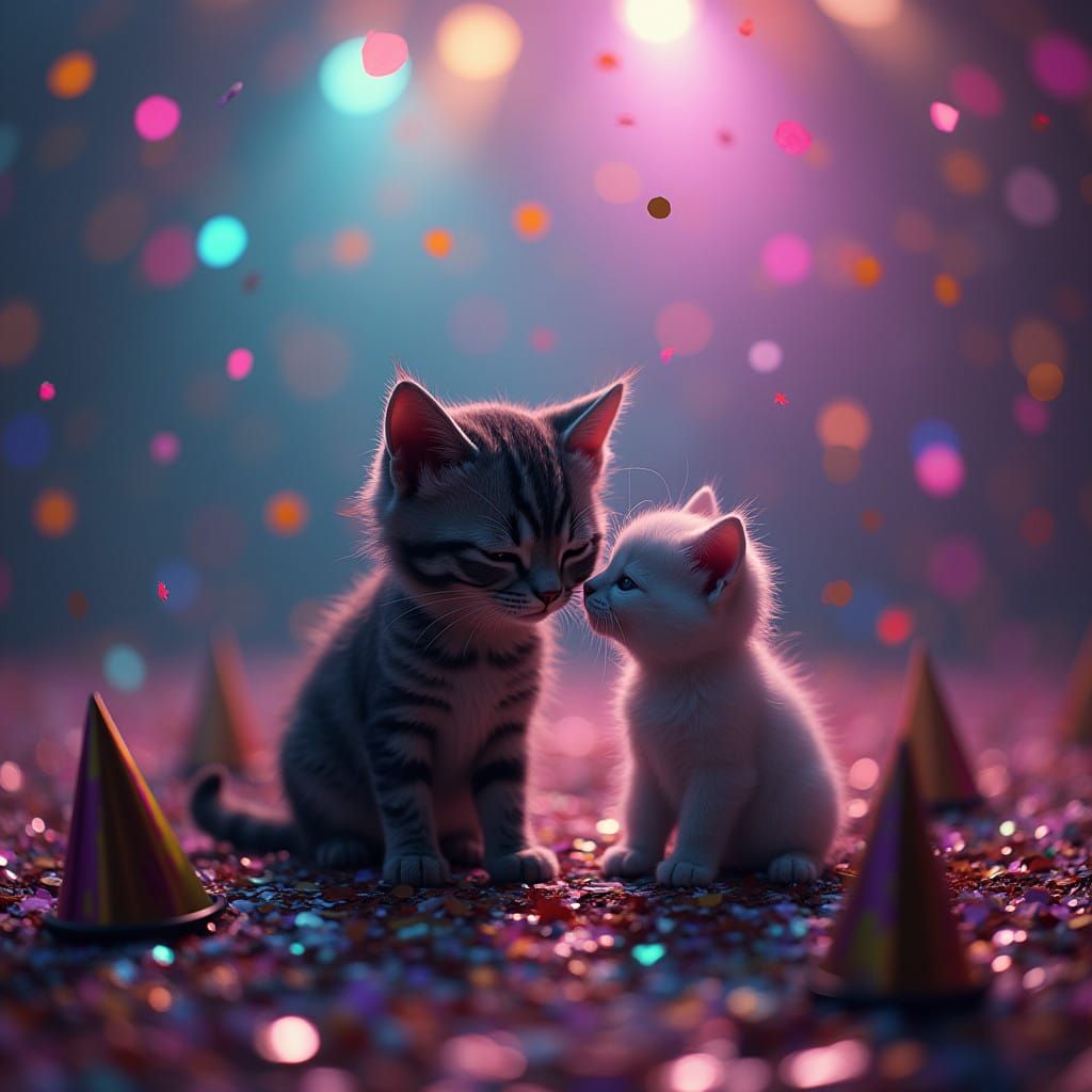 Whimsical Cat and Kitten in a Fantastical Dance Party