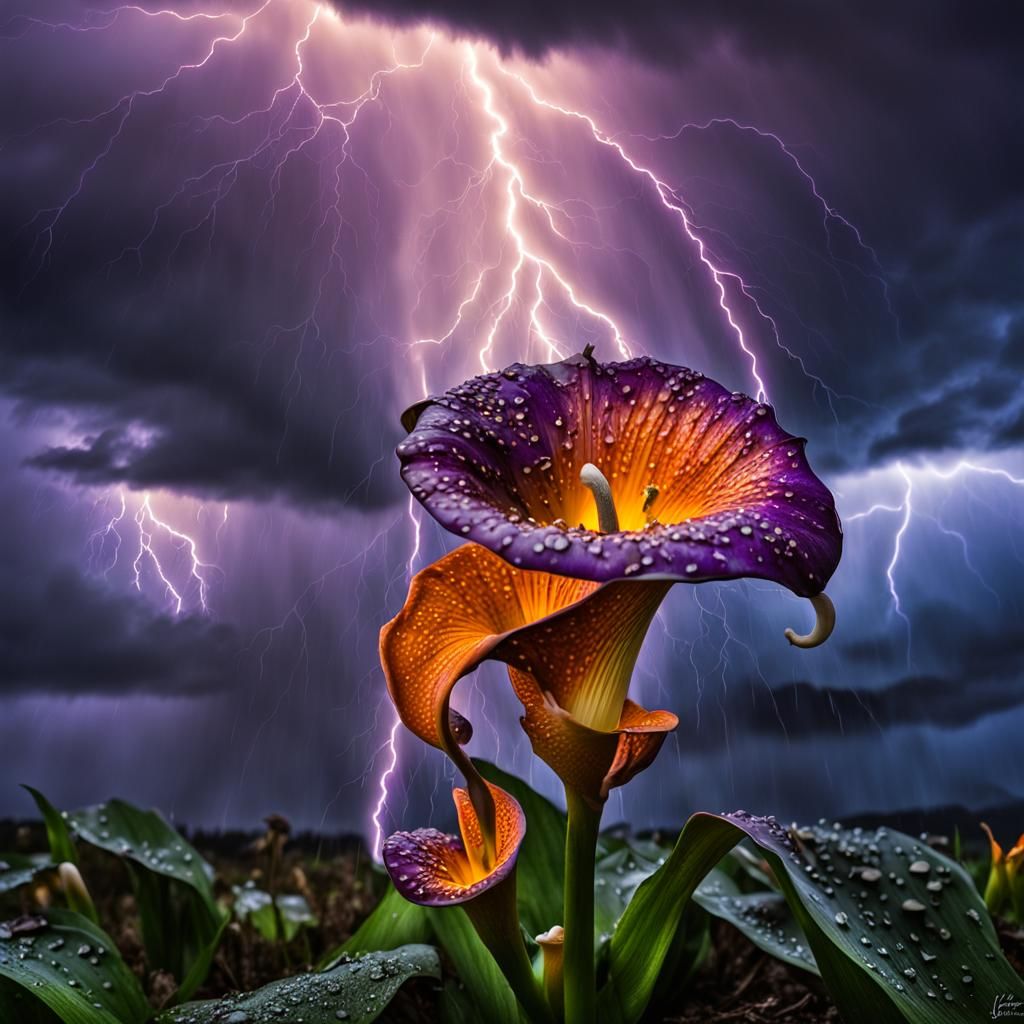 Hyperrealistic Lightning Flower in a Moody Thunderstorm
