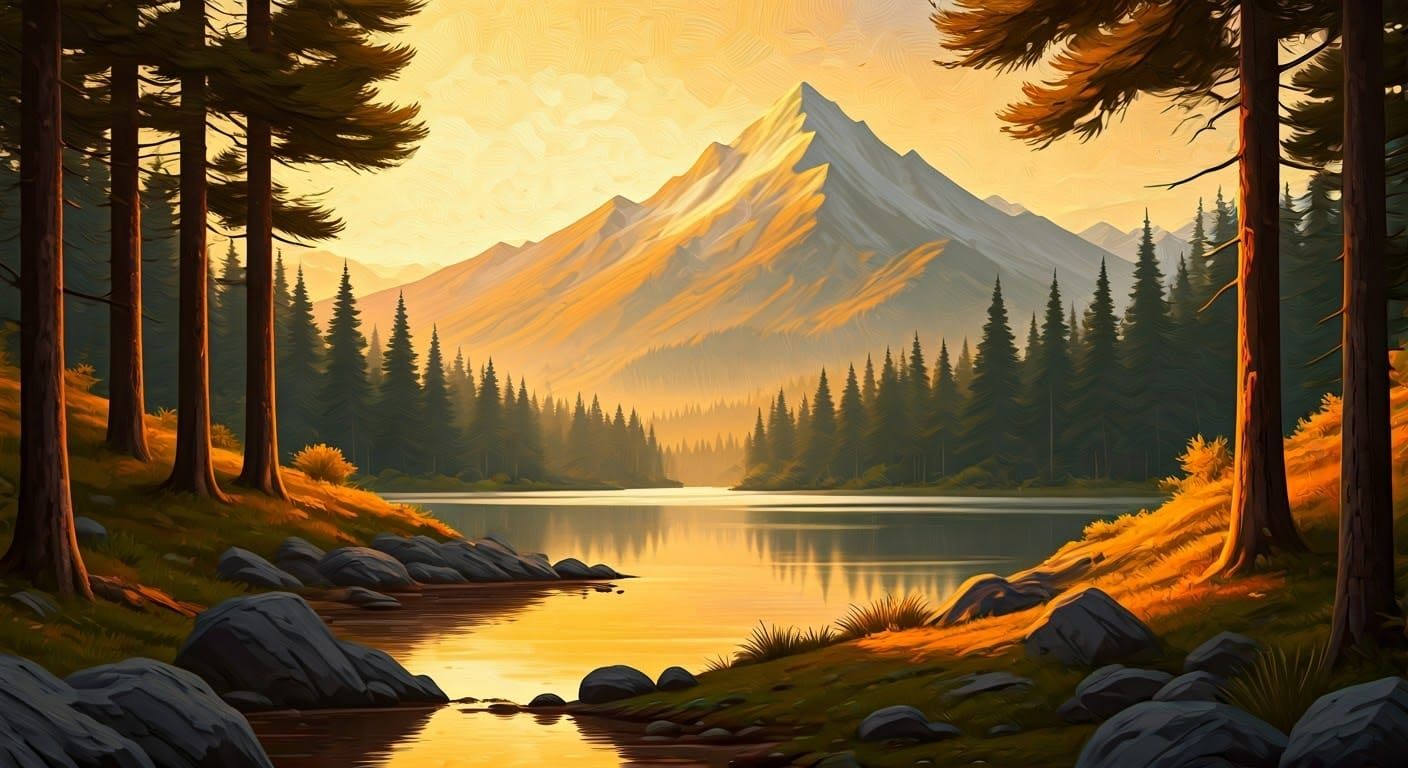 Idyllic Mountain Landscape Painting in Romantic Style