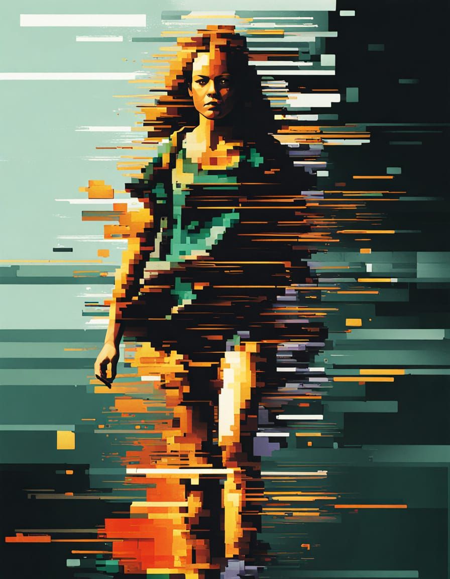 Female Witch Running in Glitch Art Style