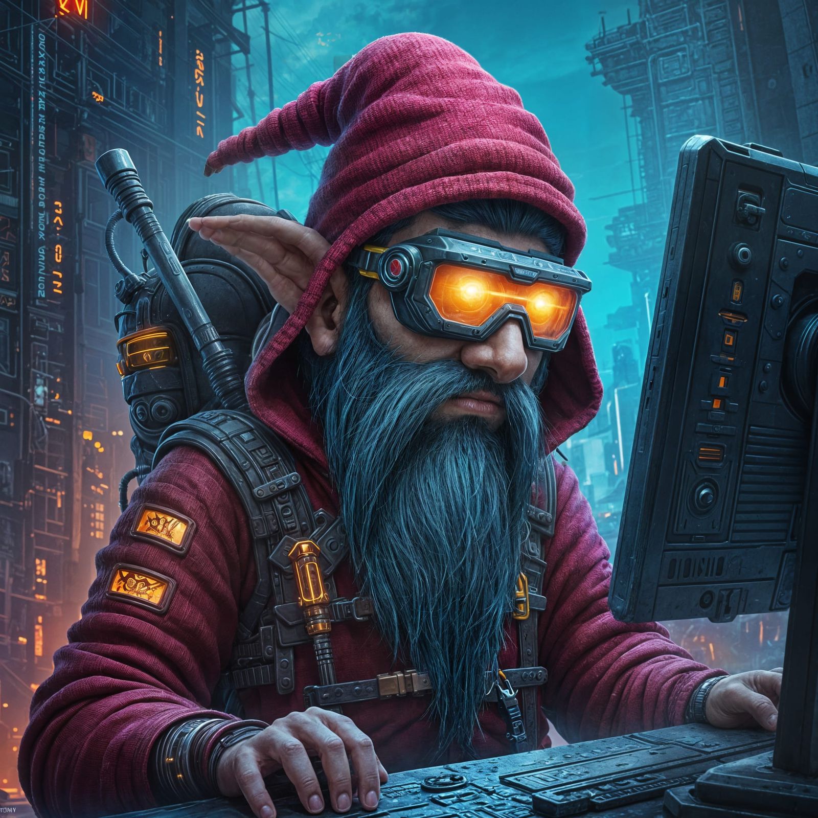 Gnome Hacker Surfing the Matrix in Rembrandt Style