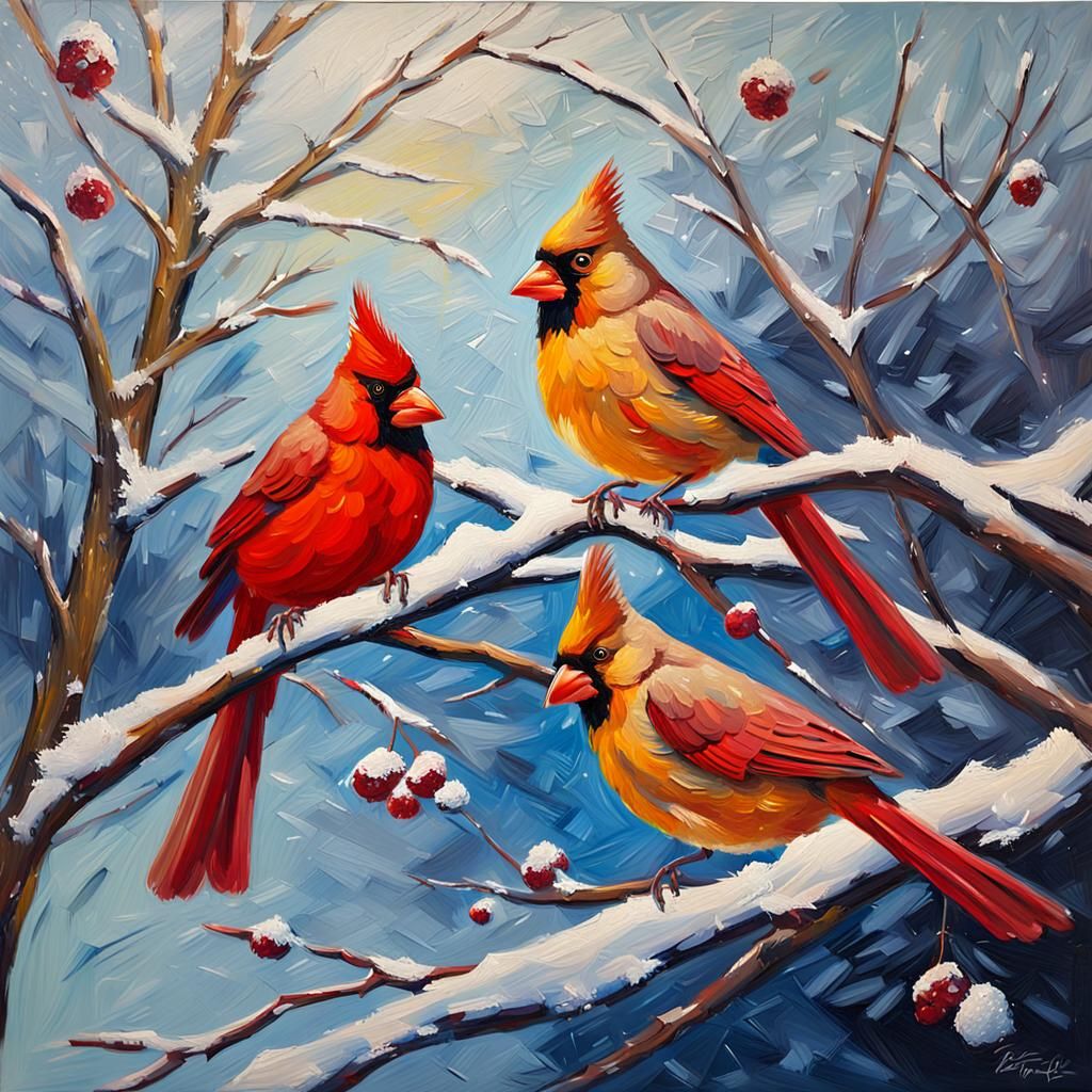 Cardinals in Snowy Winter Landscape as Impasto Painting
