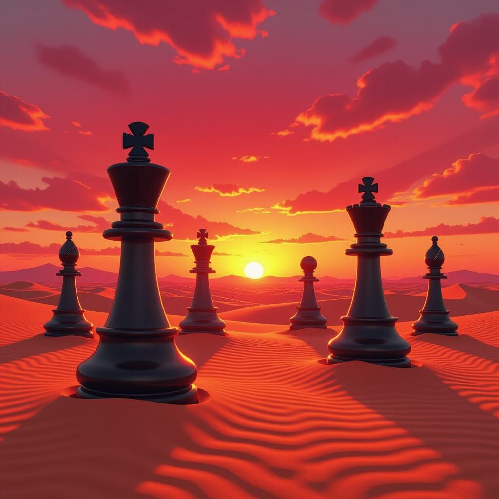 Surreal Desert Chess Dreamscape at Sunset