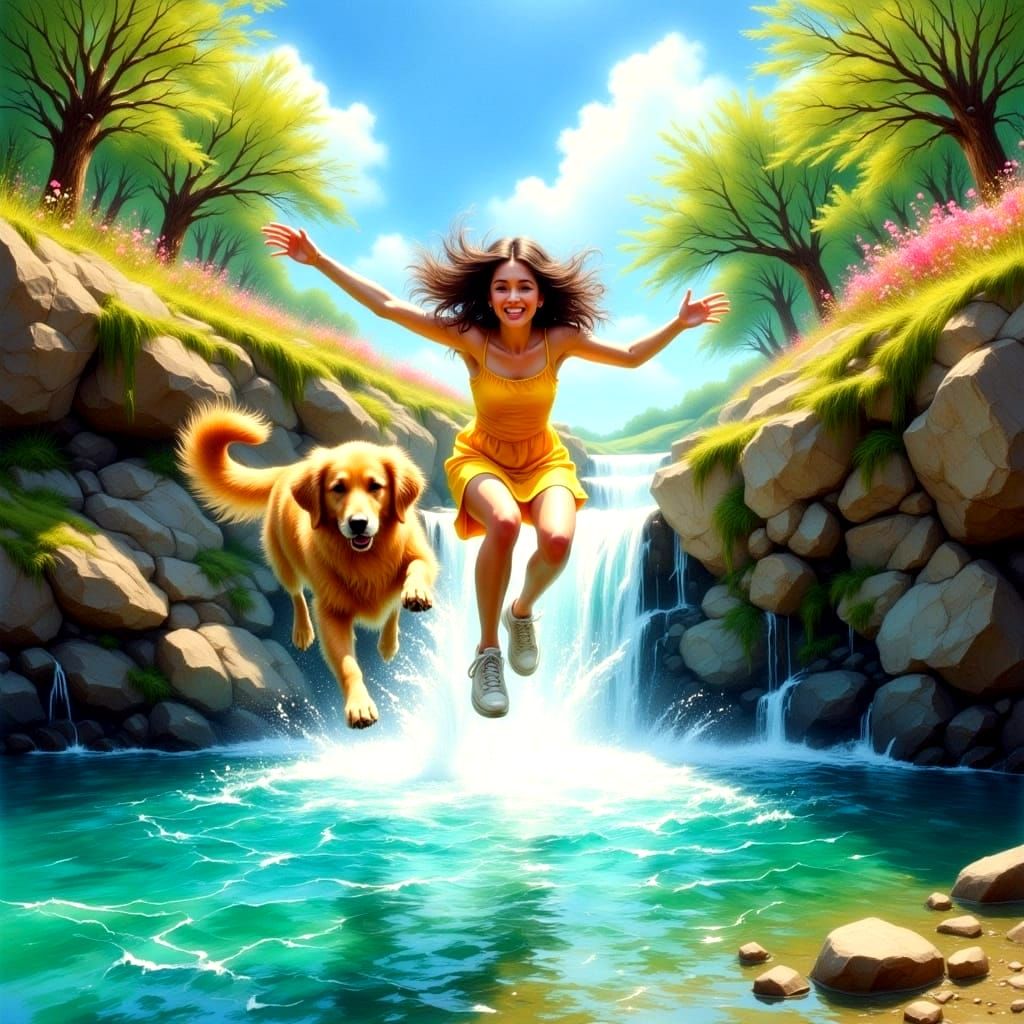 Teenage Girl and Golden Retriever Leap into Summer Waters