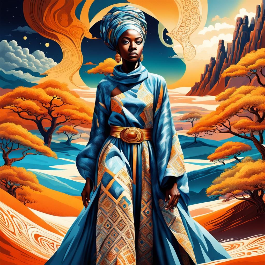 African Woman in Flowing Robes in Surreal Landscape