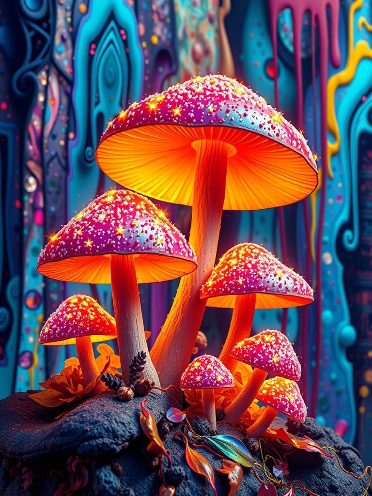 Glittering Abstract Mushrooms with Dripping Paint Background