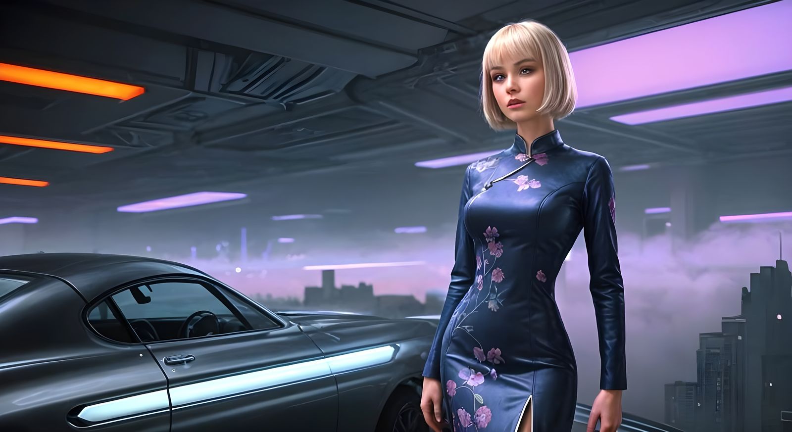 Confident Retro-Futuristic Female in Floral Qipao Dress