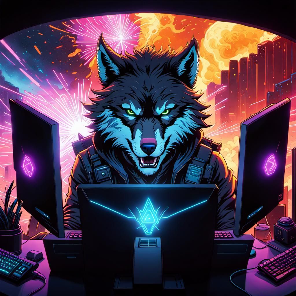 Werewolf Hacker in Neon Comic Book Art