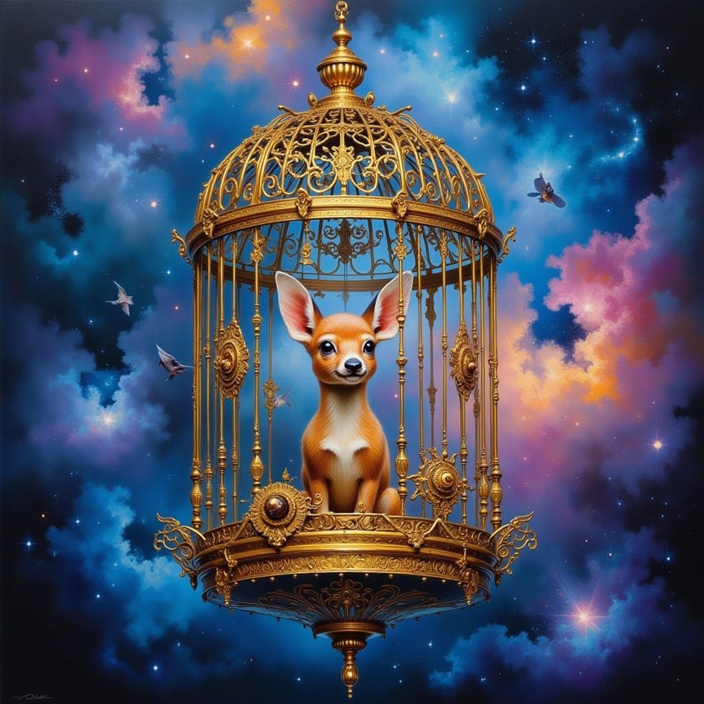 Cosmic Fawn in Ornate Gilded Birdcage