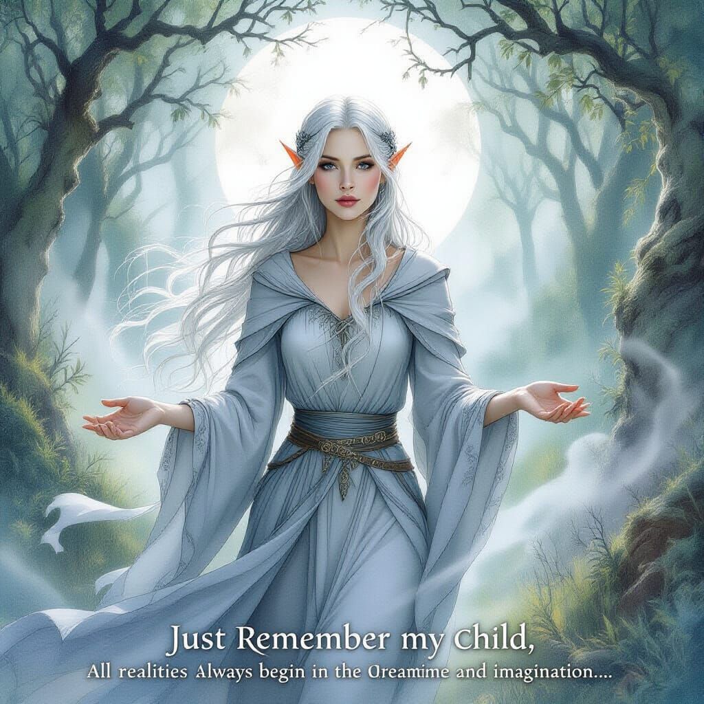 Ethereal Elven Woman Emerging from Silver Mist