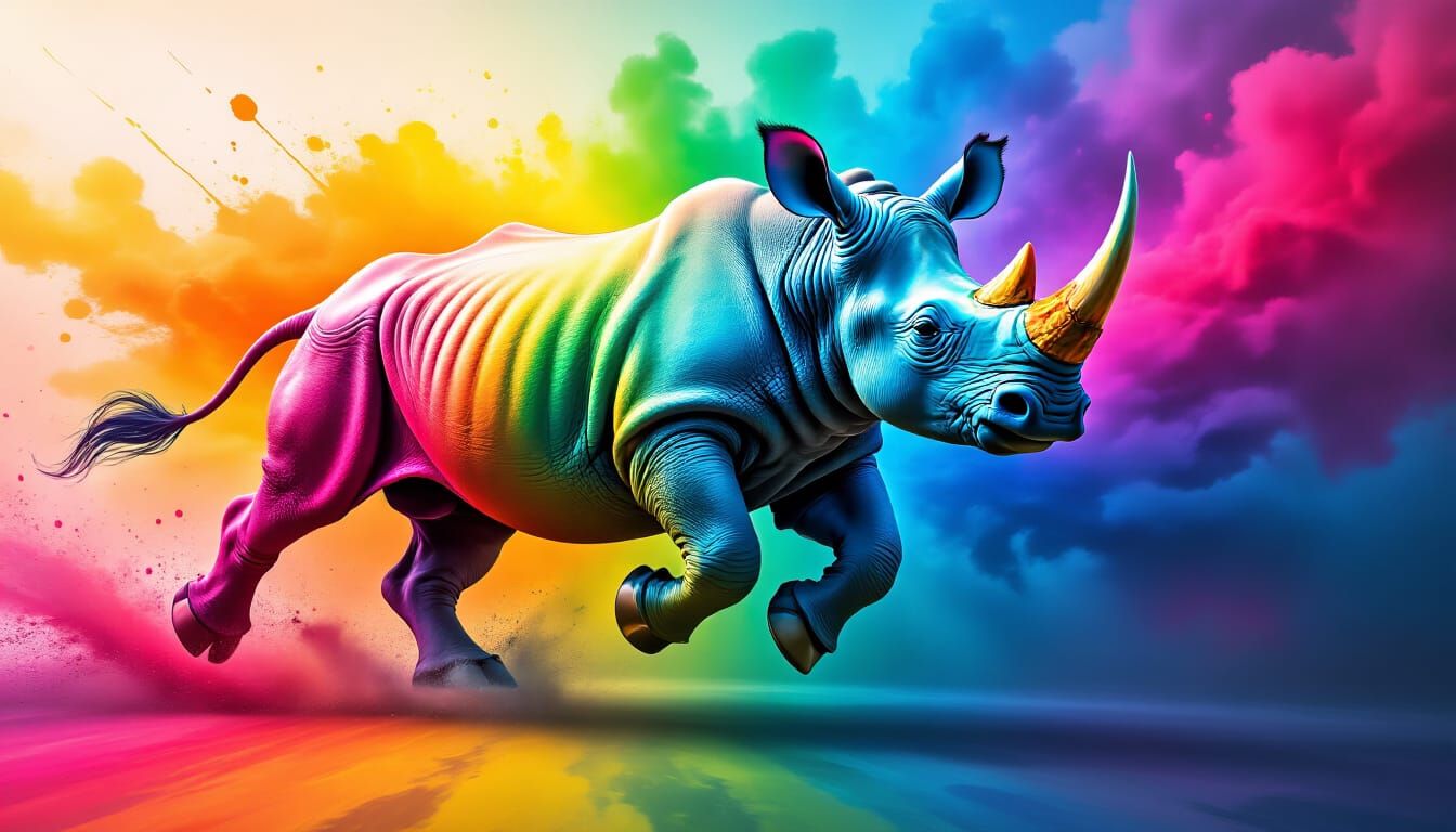 Rainbow Rhino Splatter Art Bursting Through Wall