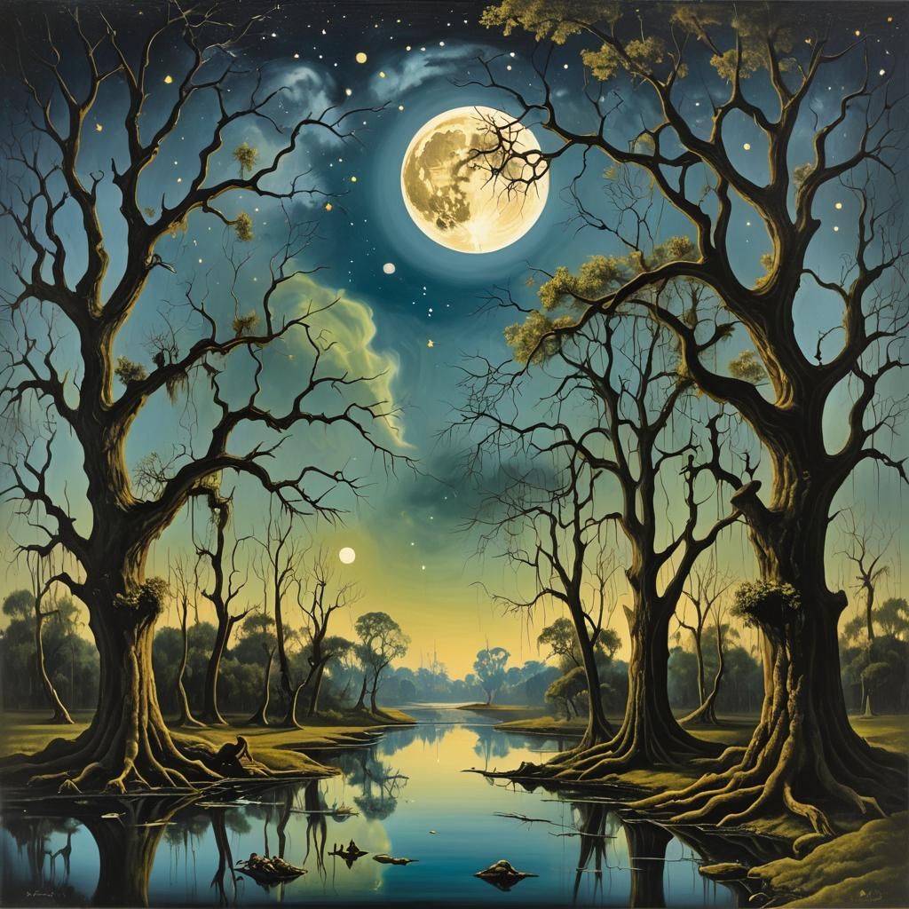 Surreal Moonlit Bayou in Salvador Dali Style