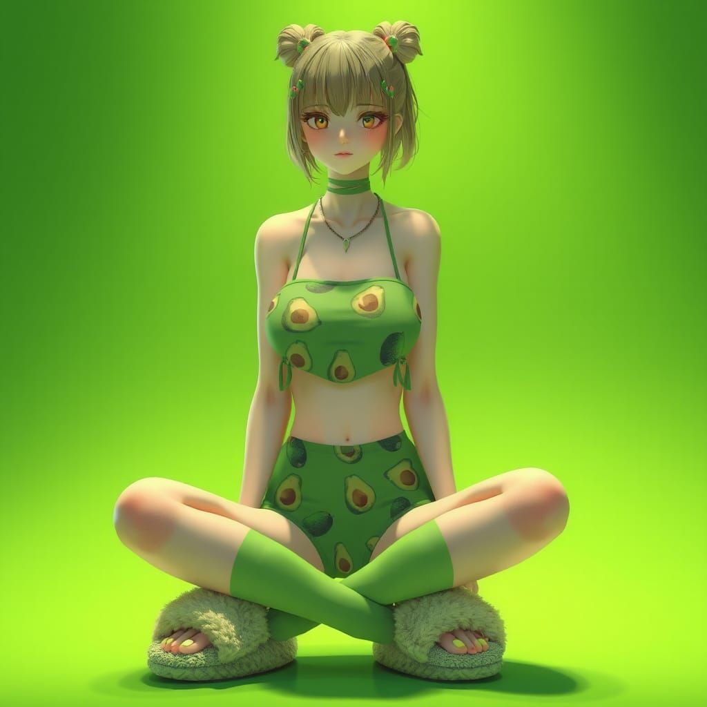 Girl in Avocado Outfit: 3D Anime Art