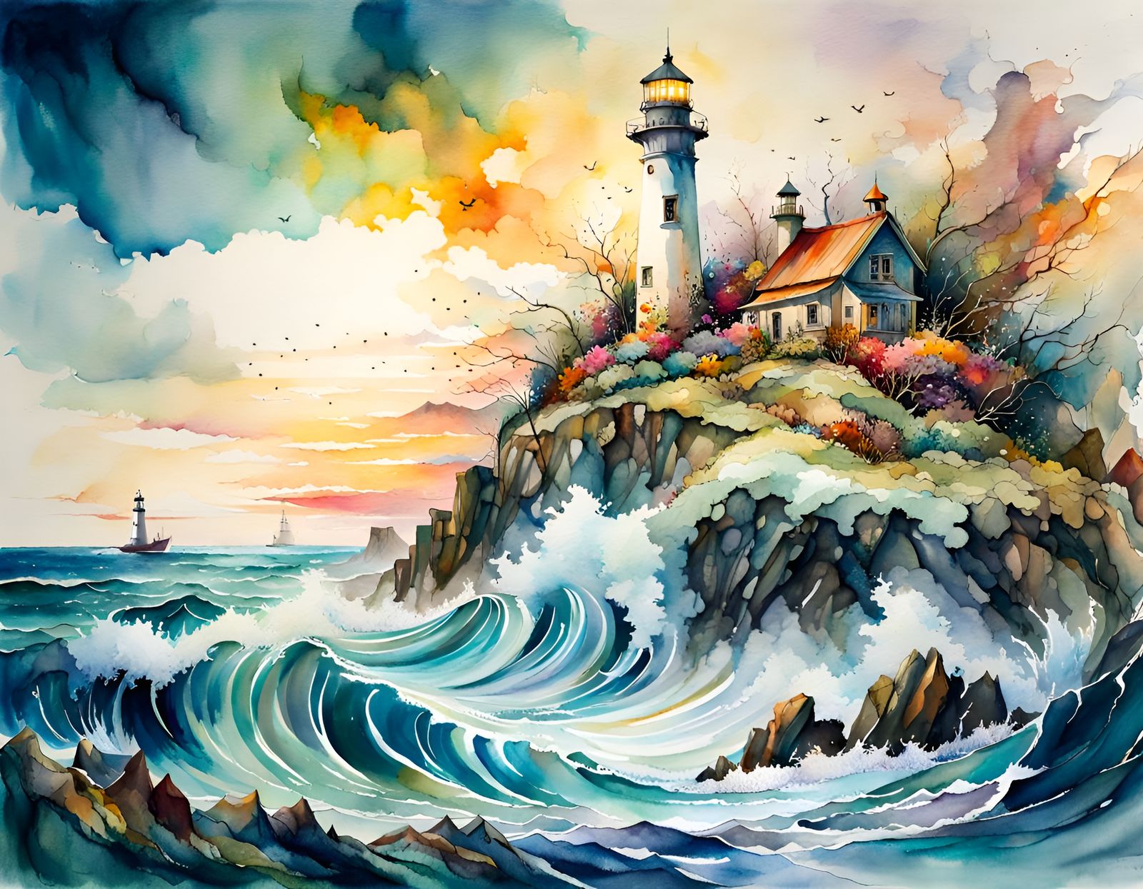 Epic Watercolor Lighthouse on Wild Ocean