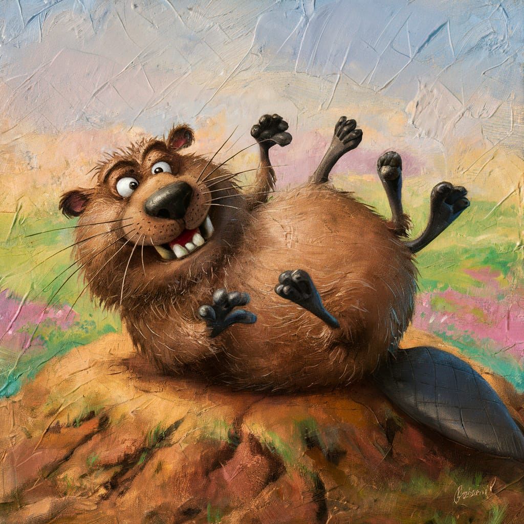 Whimsical Beaver Portrait on Earthy Mound