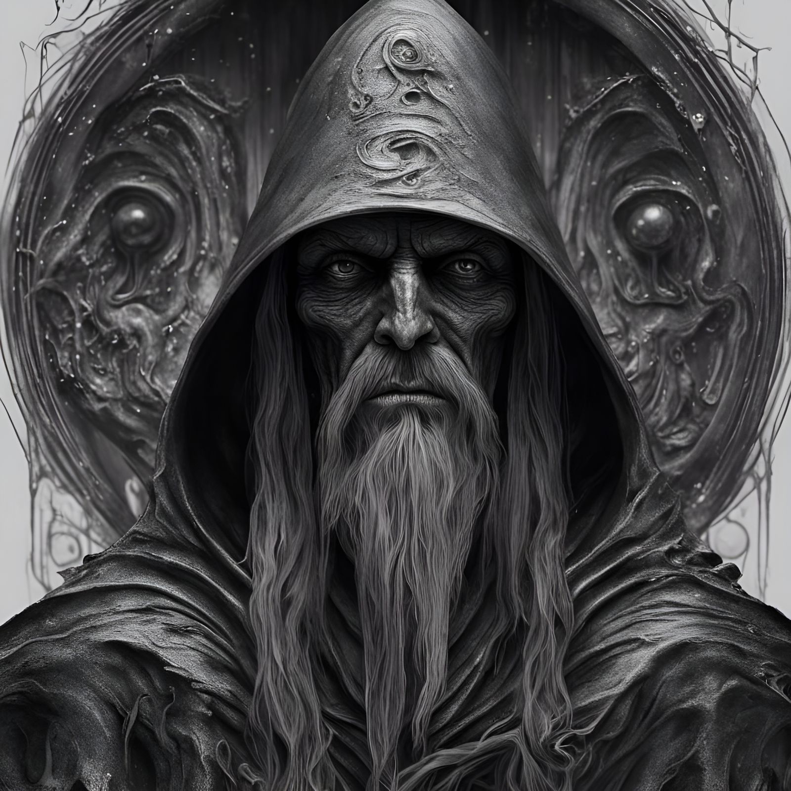 Sinister Dark Wizard in Monochromatic Neo-Primitivism Style