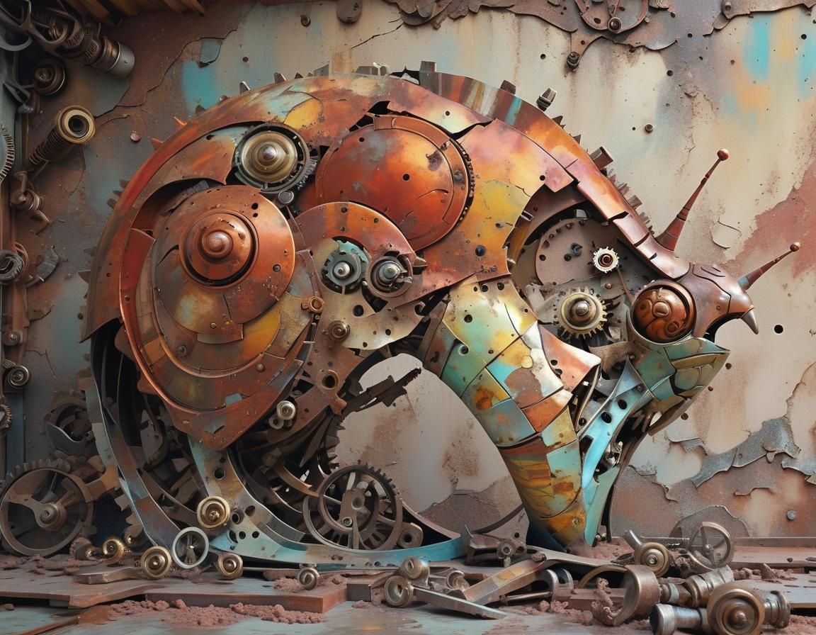 Assembled sculpture of a snail in a shell made of moving cogs and sheet metal